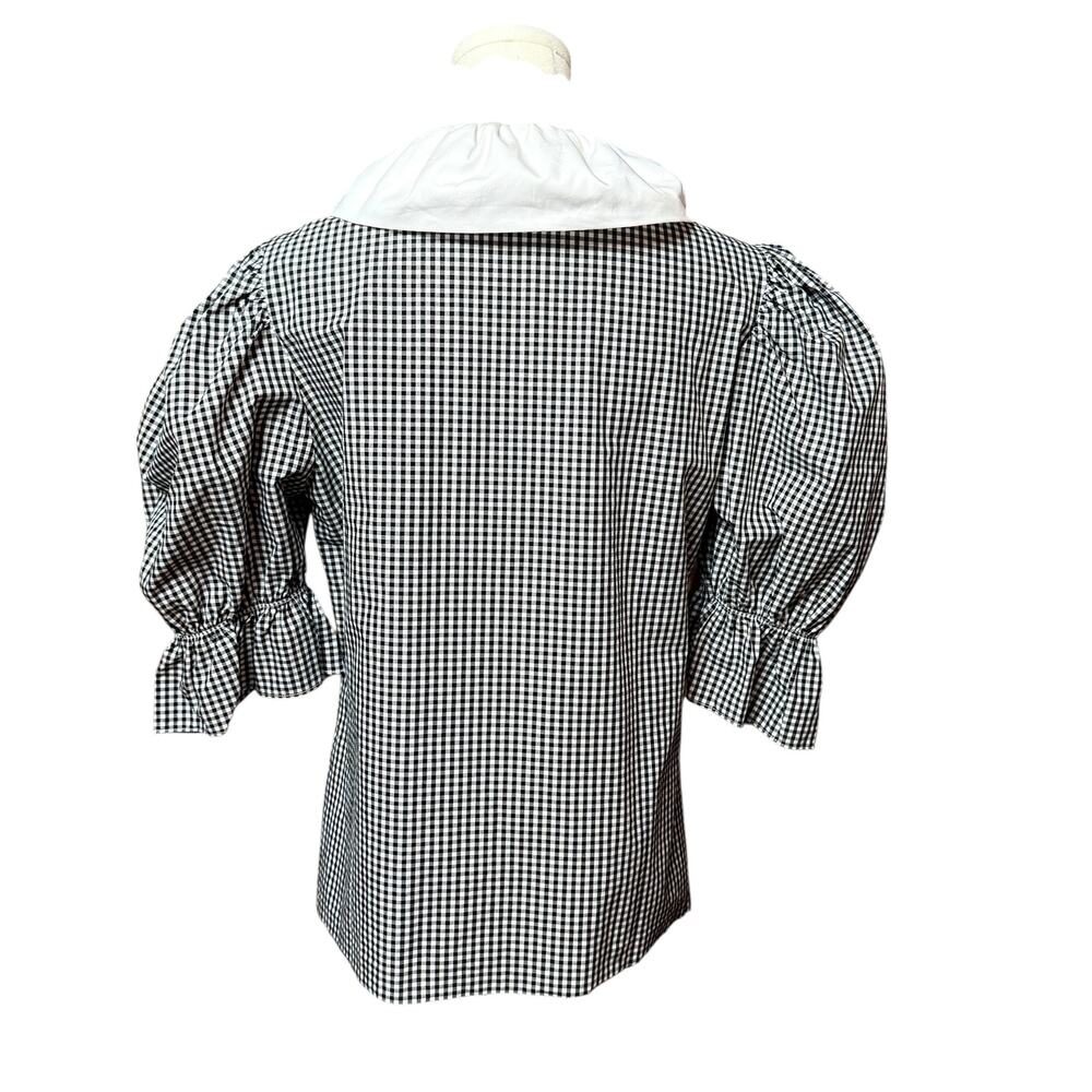 Batsheva Lou Blouse Size 10 Black /White Check Taffeta 3/4 Puffed Sleeves - Picture 7 of 13